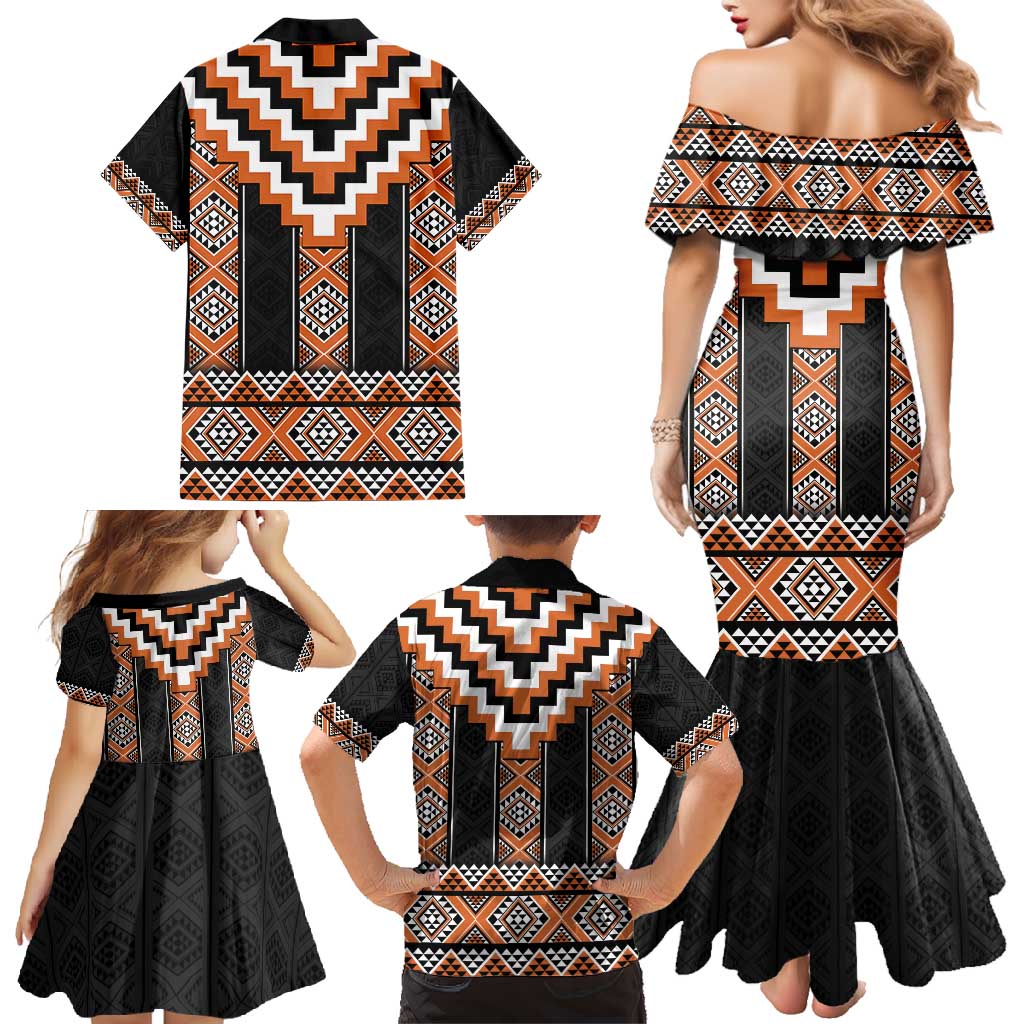 Orange Taniko Pattern Aotearoa Family Matching Mermaid Dress and Hawaiian Shirt Niho Taniwha Mix Poutama LT14 - Polynesian Pride