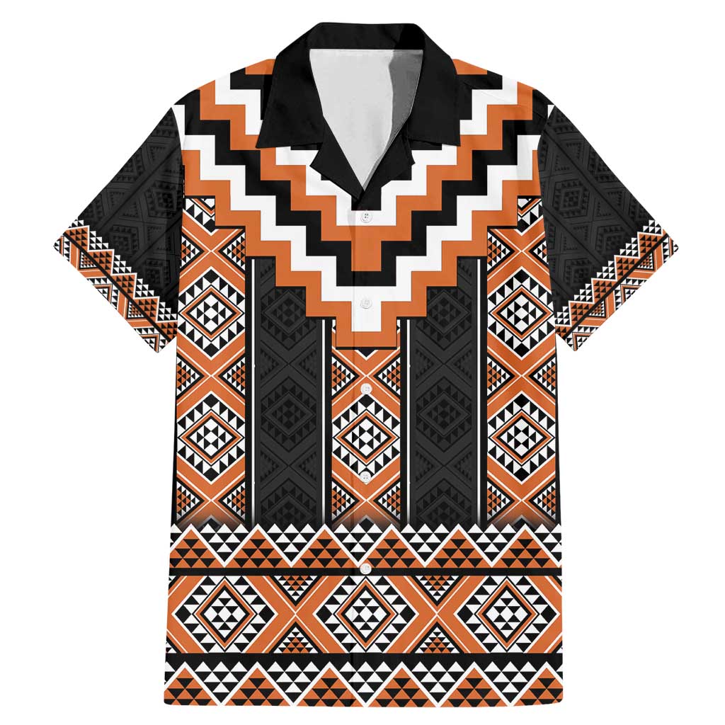 Orange Taniko Pattern Aotearoa Family Matching Mermaid Dress and Hawaiian Shirt Niho Taniwha Mix Poutama LT14 Dad's Shirt - Short Sleeve Orange - Polynesian Pride