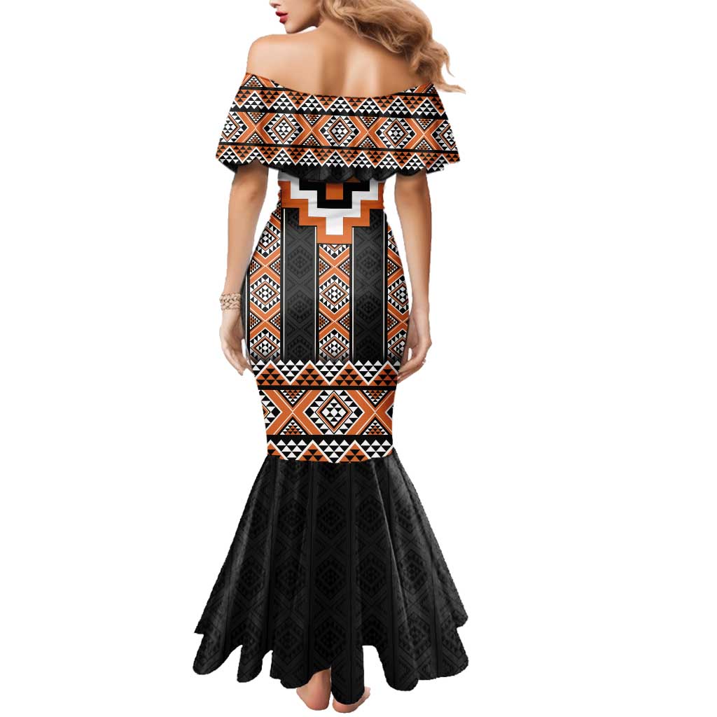 Orange Taniko Pattern Aotearoa Family Matching Mermaid Dress and Hawaiian Shirt Niho Taniwha Mix Poutama LT14 - Polynesian Pride