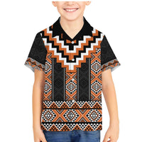 Orange Taniko Pattern Aotearoa Family Matching Mermaid Dress and Hawaiian Shirt Niho Taniwha Mix Poutama LT14 Son's Shirt Orange - Polynesian Pride