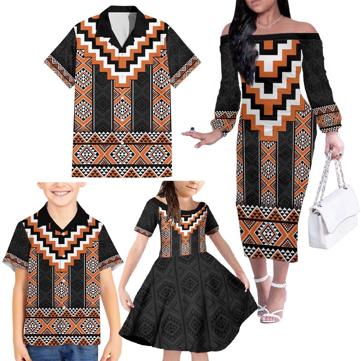 Orange Taniko Pattern Aotearoa Family Matching Off The Shoulder Long Sleeve Dress and Hawaiian Shirt Niho Taniwha Mix Poutama LT14 - Polynesian Pride