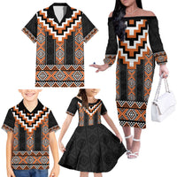 Orange Taniko Pattern Aotearoa Family Matching Off The Shoulder Long Sleeve Dress and Hawaiian Shirt Niho Taniwha Mix Poutama LT14 - Polynesian Pride