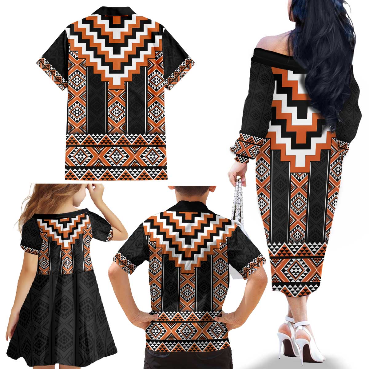 Orange Taniko Pattern Aotearoa Family Matching Off The Shoulder Long Sleeve Dress and Hawaiian Shirt Niho Taniwha Mix Poutama LT14 - Polynesian Pride