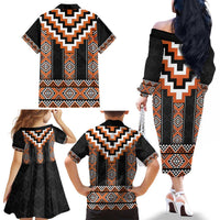 Orange Taniko Pattern Aotearoa Family Matching Off The Shoulder Long Sleeve Dress and Hawaiian Shirt Niho Taniwha Mix Poutama LT14 - Polynesian Pride