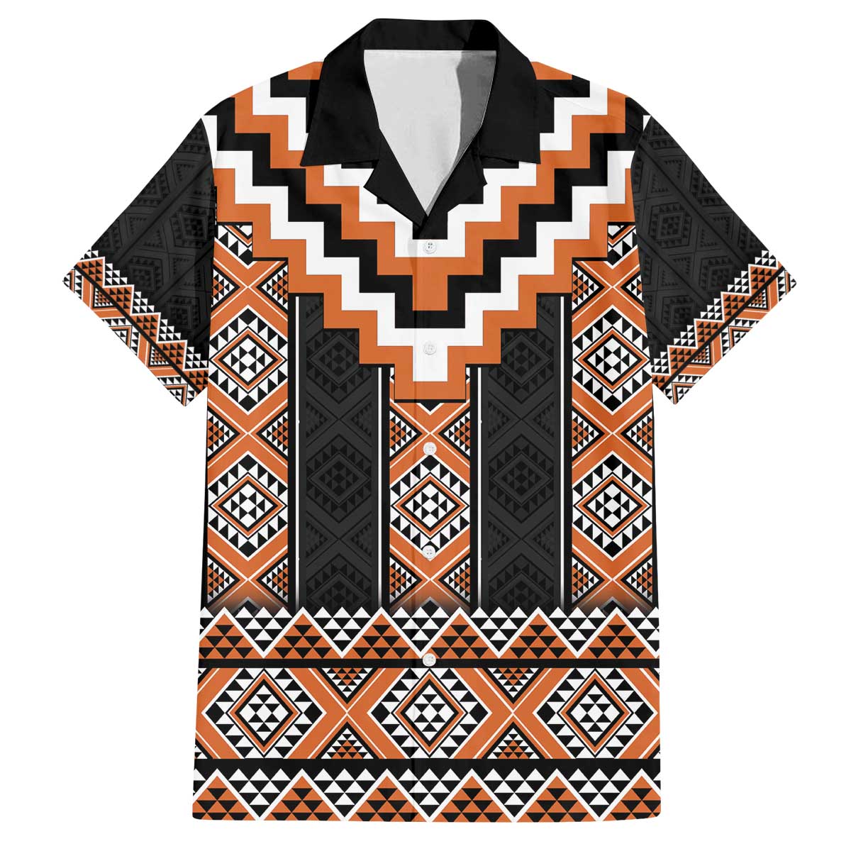 Orange Taniko Pattern Aotearoa Family Matching Off The Shoulder Long Sleeve Dress and Hawaiian Shirt Niho Taniwha Mix Poutama LT14 Dad's Shirt - Short Sleeve Orange - Polynesian Pride
