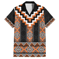 Orange Taniko Pattern Aotearoa Family Matching Off The Shoulder Long Sleeve Dress and Hawaiian Shirt Niho Taniwha Mix Poutama LT14 Dad's Shirt - Short Sleeve Orange - Polynesian Pride
