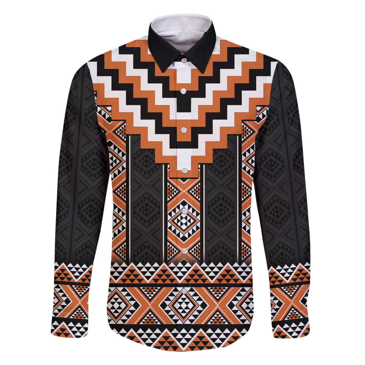 Orange Taniko Pattern Aotearoa Family Matching Off The Shoulder Long Sleeve Dress and Hawaiian Shirt Niho Taniwha Mix Poutama LT14 Dad's Shirt - Long Sleeve Orange - Polynesian Pride
