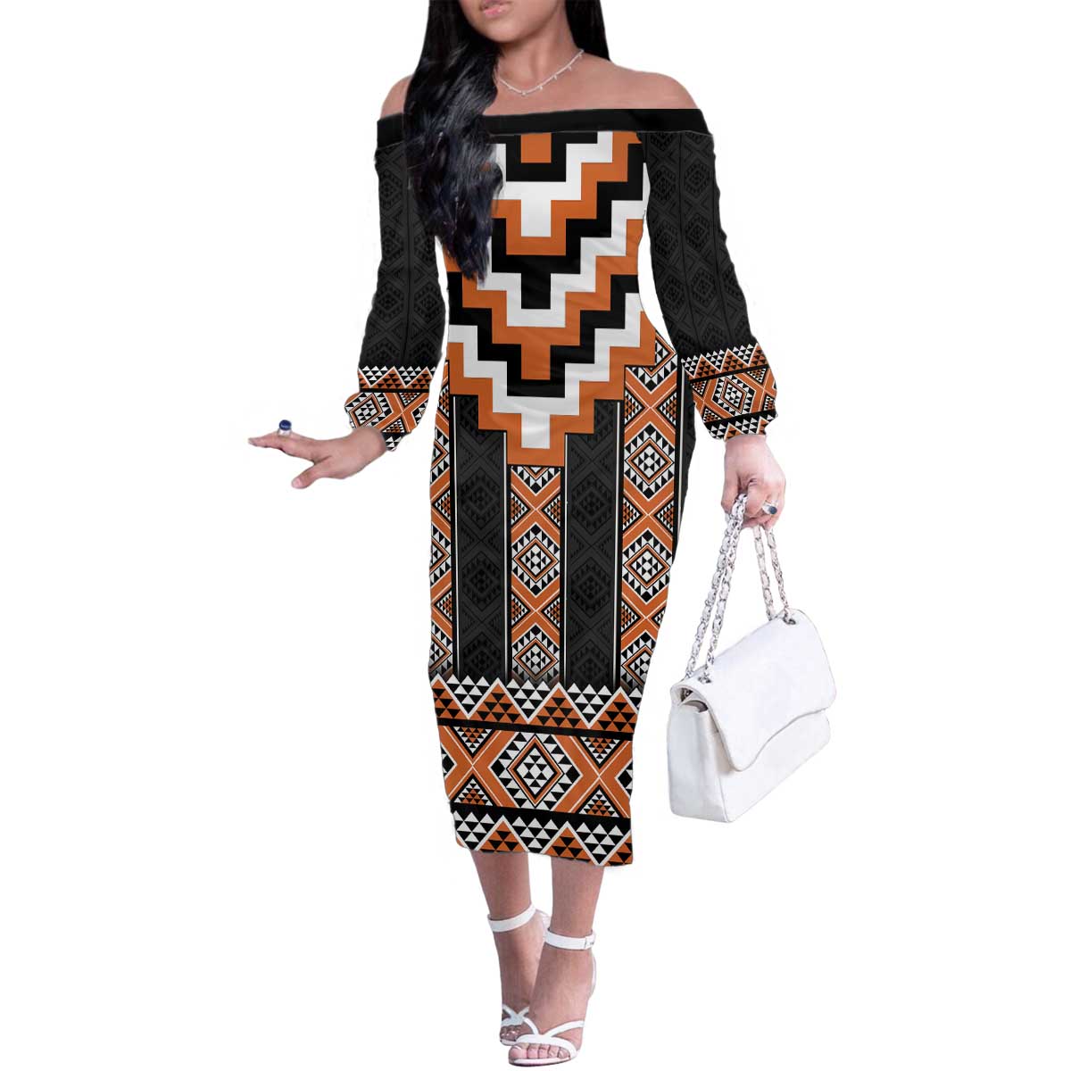 Orange Taniko Pattern Aotearoa Family Matching Off The Shoulder Long Sleeve Dress and Hawaiian Shirt Niho Taniwha Mix Poutama LT14 Mom's Dress Orange - Polynesian Pride