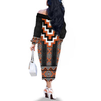 Orange Taniko Pattern Aotearoa Family Matching Off The Shoulder Long Sleeve Dress and Hawaiian Shirt Niho Taniwha Mix Poutama LT14 - Polynesian Pride