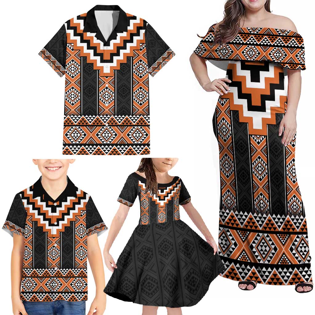 Orange Taniko Pattern Aotearoa Family Matching Off Shoulder Maxi Dress and Hawaiian Shirt Niho Taniwha Mix Poutama LT14 - Polynesian Pride
