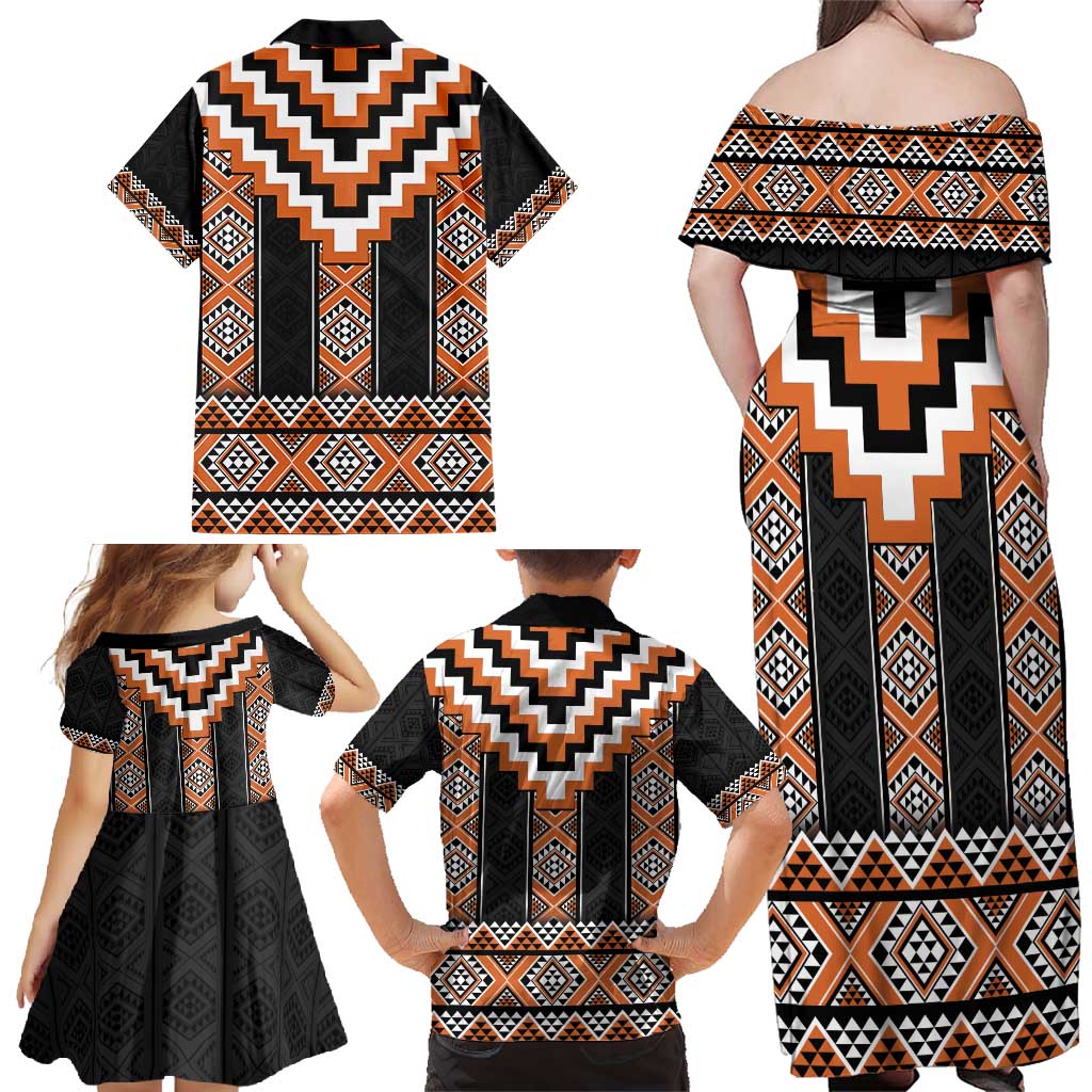 Orange Taniko Pattern Aotearoa Family Matching Off Shoulder Maxi Dress and Hawaiian Shirt Niho Taniwha Mix Poutama LT14 - Polynesian Pride