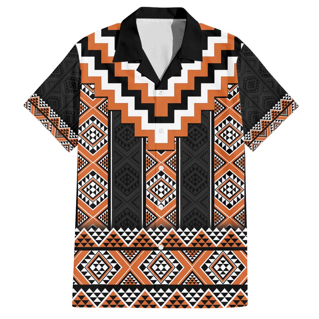 Orange Taniko Pattern Aotearoa Family Matching Off Shoulder Maxi Dress and Hawaiian Shirt Niho Taniwha Mix Poutama LT14 Dad's Shirt - Short Sleeve Orange - Polynesian Pride