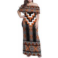 Orange Taniko Pattern Aotearoa Family Matching Off Shoulder Maxi Dress and Hawaiian Shirt Niho Taniwha Mix Poutama LT14 Mom's Dress Orange - Polynesian Pride