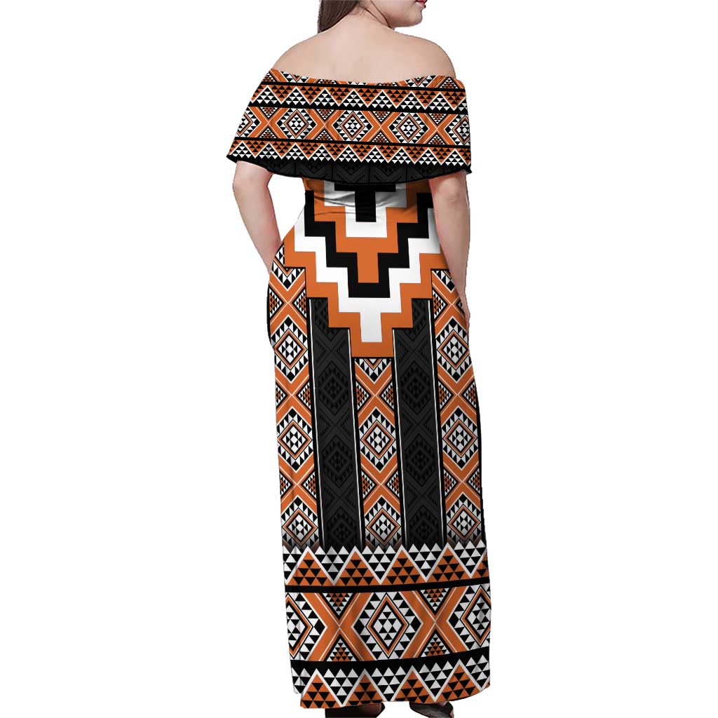Orange Taniko Pattern Aotearoa Family Matching Off Shoulder Maxi Dress and Hawaiian Shirt Niho Taniwha Mix Poutama LT14 - Polynesian Pride