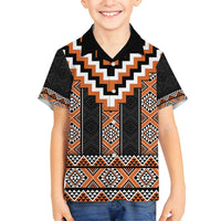 Orange Taniko Pattern Aotearoa Family Matching Off Shoulder Maxi Dress and Hawaiian Shirt Niho Taniwha Mix Poutama LT14 Son's Shirt Orange - Polynesian Pride