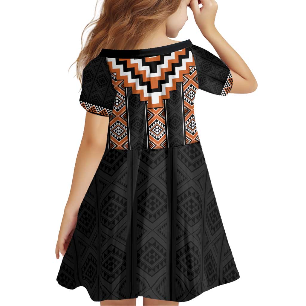 Orange Taniko Pattern Aotearoa Family Matching Off Shoulder Short Dress and Hawaiian Shirt Niho Taniwha Mix Poutama LT14 - Polynesian Pride