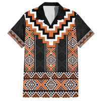Orange Taniko Pattern Aotearoa Family Matching Off Shoulder Short Dress and Hawaiian Shirt Niho Taniwha Mix Poutama LT14 Dad's Shirt - Short Sleeve Orange - Polynesian Pride