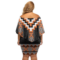 Orange Taniko Pattern Aotearoa Family Matching Off Shoulder Short Dress and Hawaiian Shirt Niho Taniwha Mix Poutama LT14 - Polynesian Pride