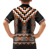 Orange Taniko Pattern Aotearoa Family Matching Short Sleeve Bodycon Dress and Hawaiian Shirt Niho Taniwha Mix Poutama LT14 - Polynesian Pride
