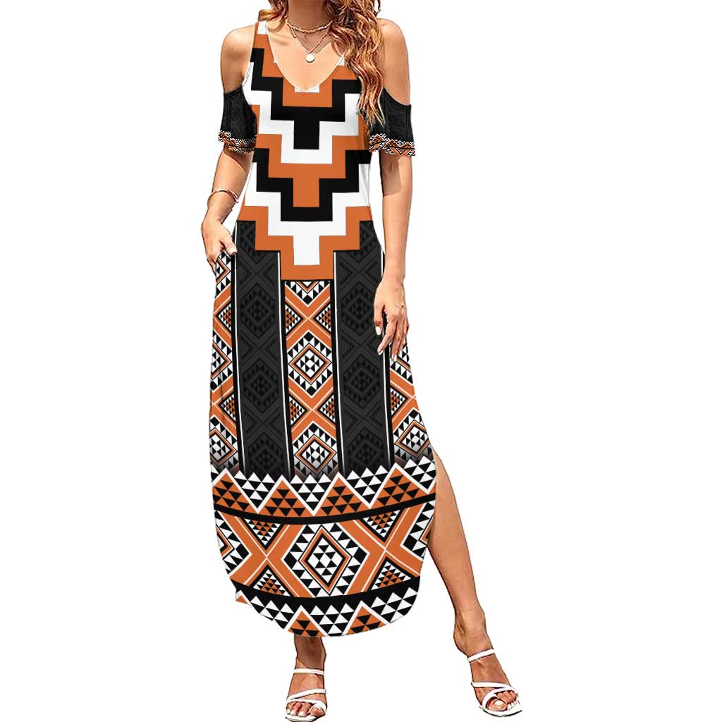 Orange Taniko Pattern Aotearoa Family Matching Summer Maxi Dress and Hawaiian Shirt Niho Taniwha Mix Poutama LT14 Mom's Dress Orange - Polynesian Pride