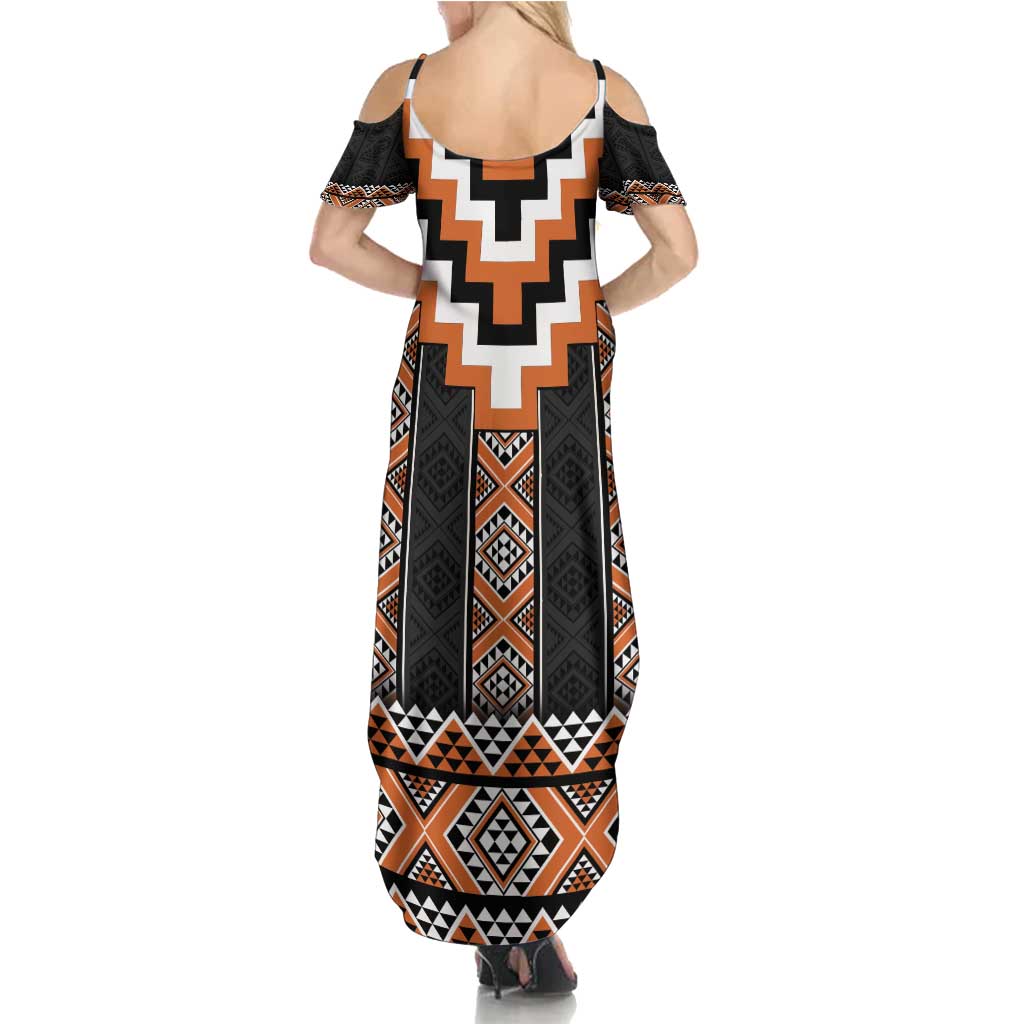 Orange Taniko Pattern Aotearoa Family Matching Summer Maxi Dress and Hawaiian Shirt Niho Taniwha Mix Poutama LT14 - Polynesian Pride