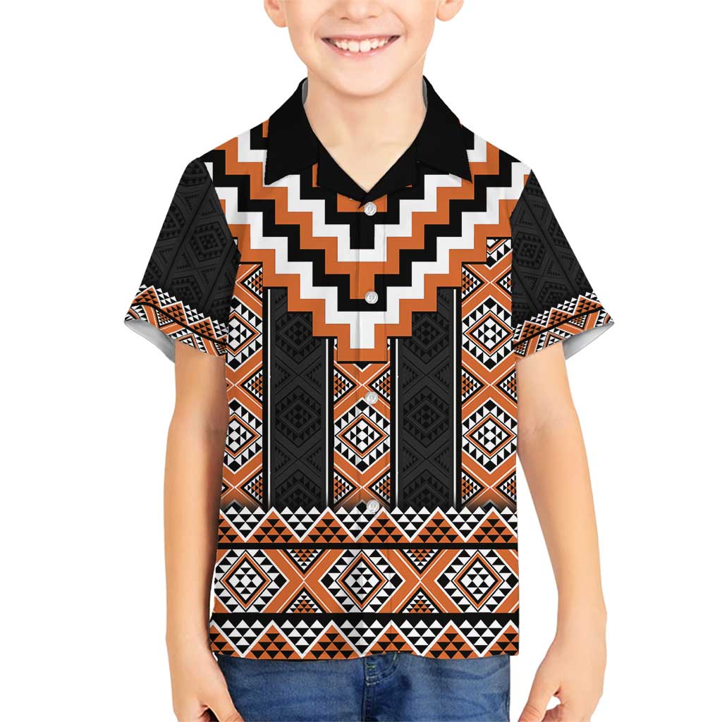 Orange Taniko Pattern Aotearoa Family Matching Summer Maxi Dress and Hawaiian Shirt Niho Taniwha Mix Poutama LT14 Son's Shirt Orange - Polynesian Pride