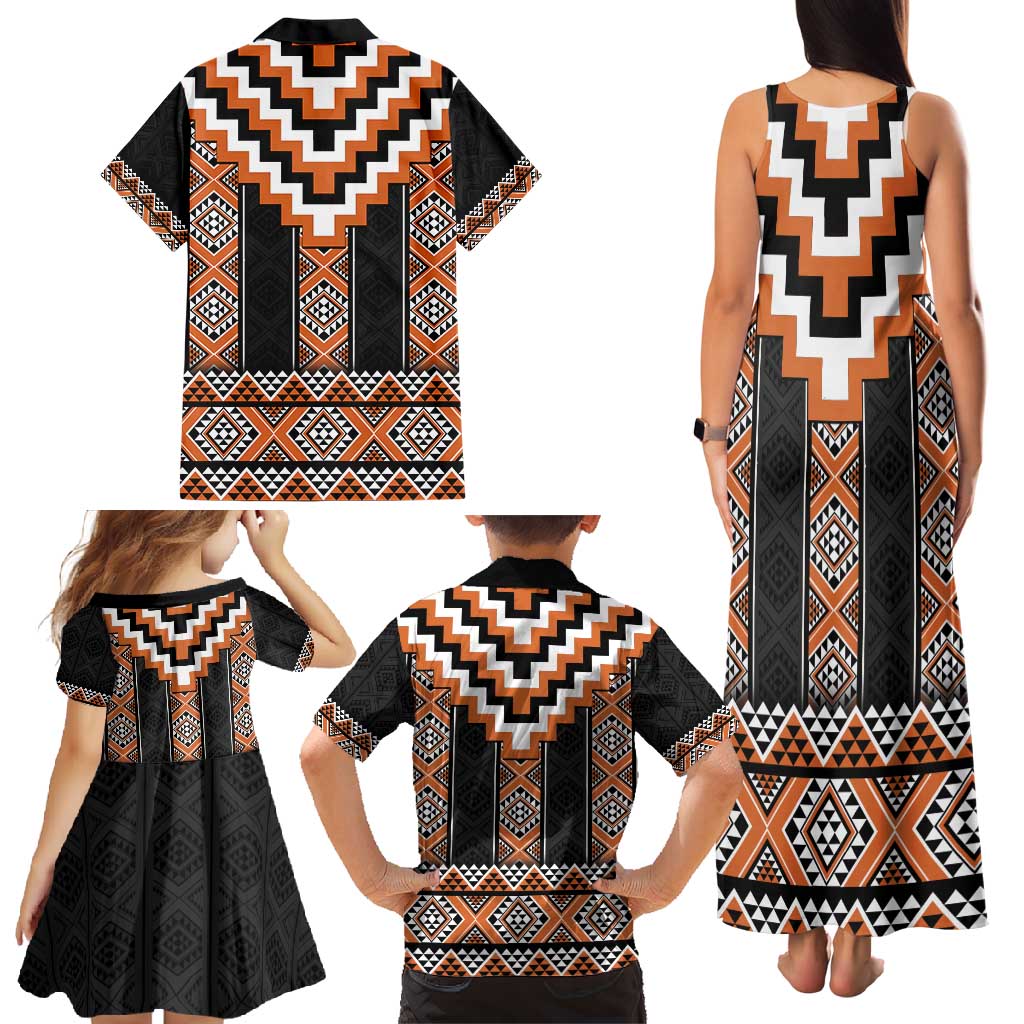 Orange Taniko Pattern Aotearoa Family Matching Tank Maxi Dress and Hawaiian Shirt Niho Taniwha Mix Poutama LT14 - Polynesian Pride