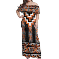 Orange Taniko Pattern Aotearoa Off Shoulder Maxi Dress Niho Taniwha Mix Poutama LT14 Women Orange - Polynesian Pride
