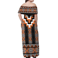 Orange Taniko Pattern Aotearoa Off Shoulder Maxi Dress Niho Taniwha Mix Poutama LT14 - Polynesian Pride