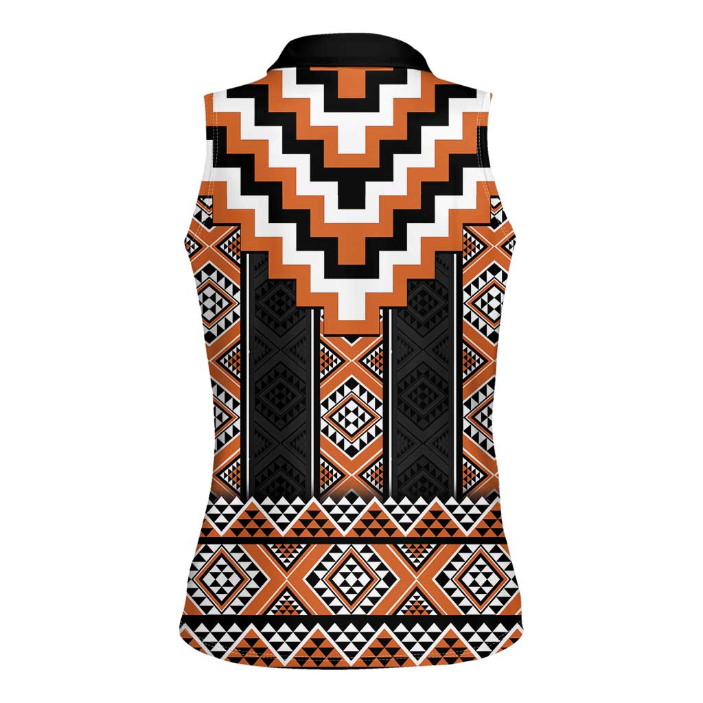 Orange Taniko Pattern Aotearoa Women Sleeveless Polo Shirt Niho Taniwha Mix Poutama LT14