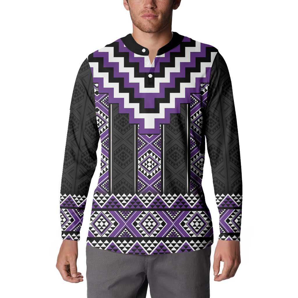 Purple Taniko Pattern Aotearoa Button Sweatshirt Niho Taniwha Mix Poutama LT14