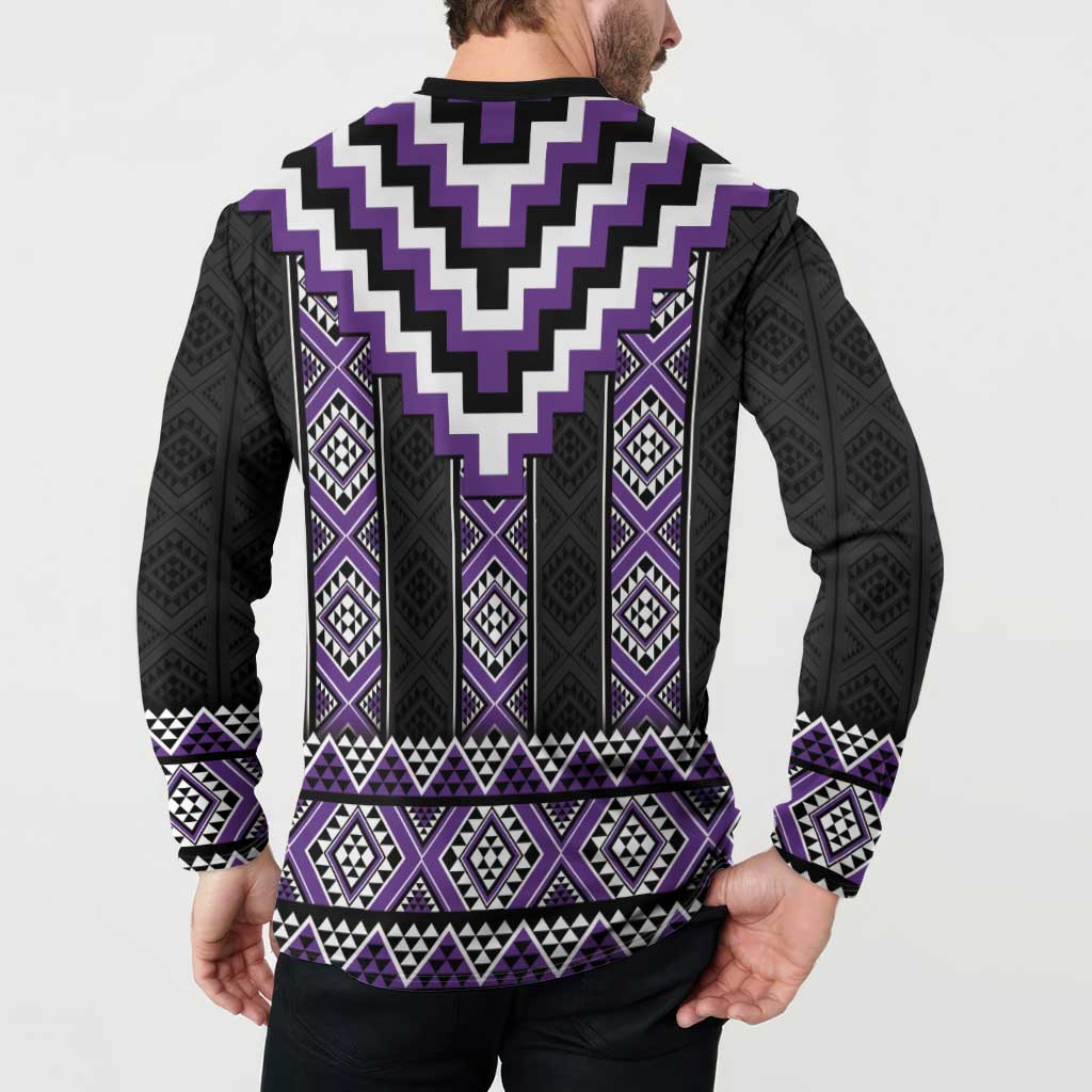 Purple Taniko Pattern Aotearoa Button Sweatshirt Niho Taniwha Mix Poutama LT14