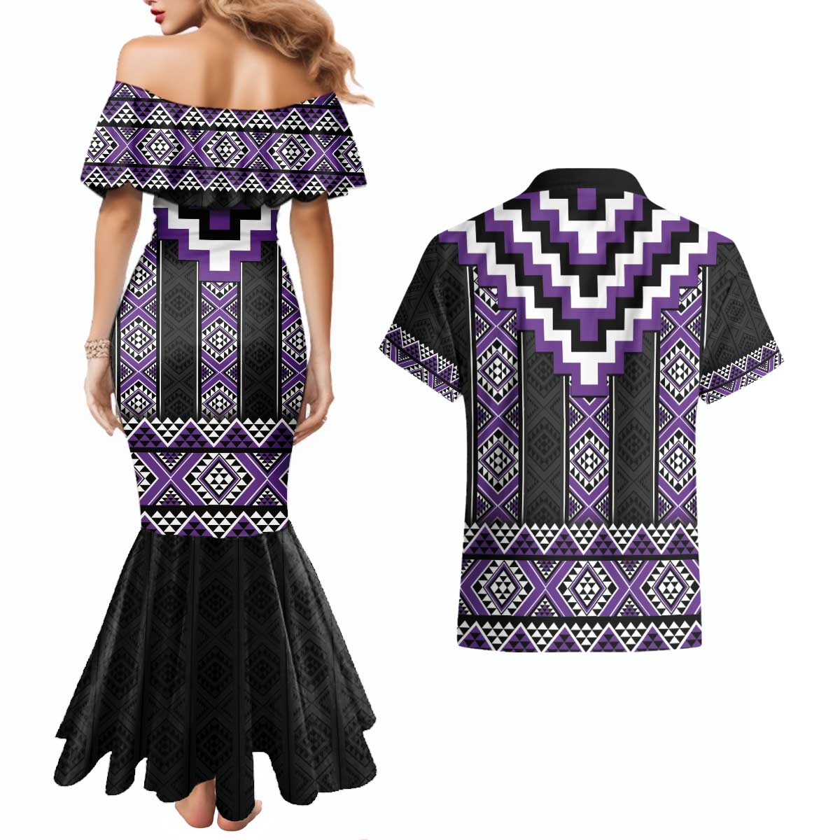 Purple Taniko Pattern Aotearoa Couples Matching Mermaid Dress and Hawaiian Shirt Niho Taniwha Mix Poutama LT14 - Polynesian Pride
