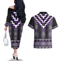 Purple Taniko Pattern Aotearoa Couples Matching Off The Shoulder Long Sleeve Dress and Hawaiian Shirt Niho Taniwha Mix Poutama LT14 - Polynesian Pride