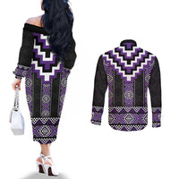 Purple Taniko Pattern Aotearoa Couples Matching Off The Shoulder Long Sleeve Dress and Long Sleeve Button Shirt Niho Taniwha Mix Poutama LT14