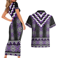 Purple Taniko Pattern Aotearoa Couples Matching Short Sleeve Bodycon Dress and Hawaiian Shirt Niho Taniwha Mix Poutama LT14 - Polynesian Pride