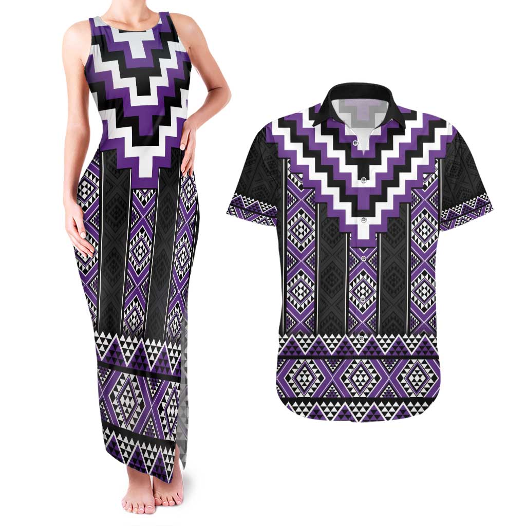 Purple Taniko Pattern Aotearoa Couples Matching Tank Maxi Dress and Hawaiian Shirt Niho Taniwha Mix Poutama LT14 Purple - Polynesian Pride