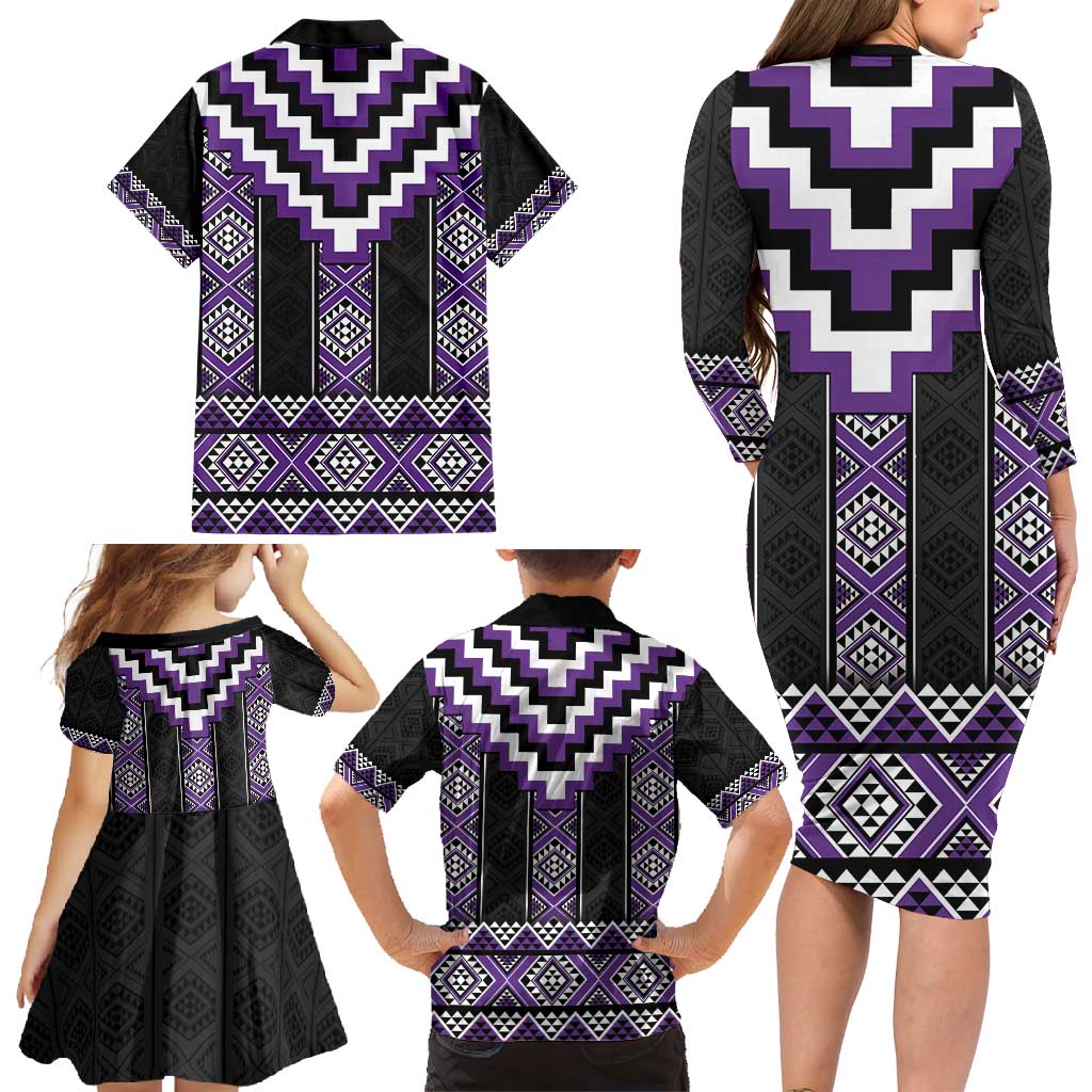 Purple Taniko Pattern Aotearoa Family Matching Long Sleeve Bodycon Dress and Hawaiian Shirt Niho Taniwha Mix Poutama LT14 - Polynesian Pride