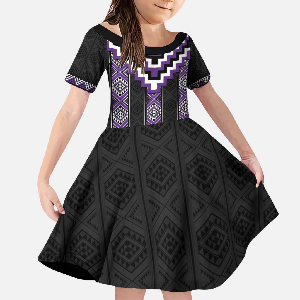 Purple Taniko Pattern Aotearoa Family Matching Mermaid Dress and Hawaiian Shirt Niho Taniwha Mix Poutama LT14 Daughter's Dress Purple - Polynesian Pride