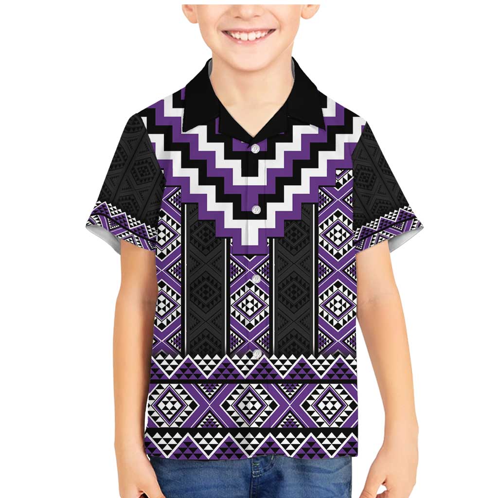 Purple Taniko Pattern Aotearoa Family Matching Mermaid Dress and Hawaiian Shirt Niho Taniwha Mix Poutama LT14 Son's Shirt Purple - Polynesian Pride