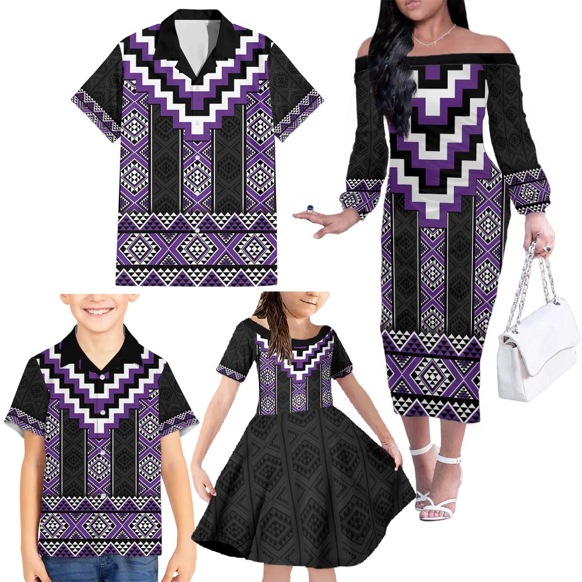 Purple Taniko Pattern Aotearoa Family Matching Off The Shoulder Long Sleeve Dress and Hawaiian Shirt Niho Taniwha Mix Poutama LT14 - Polynesian Pride