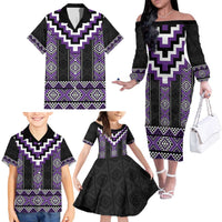 Purple Taniko Pattern Aotearoa Family Matching Off The Shoulder Long Sleeve Dress and Hawaiian Shirt Niho Taniwha Mix Poutama LT14 - Polynesian Pride