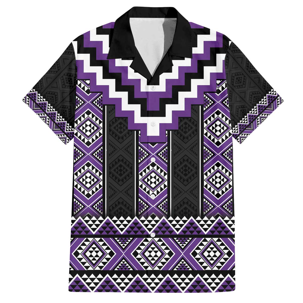 Purple Taniko Pattern Aotearoa Family Matching Off The Shoulder Long Sleeve Dress and Hawaiian Shirt Niho Taniwha Mix Poutama LT14 Dad's Shirt - Short Sleeve Purple - Polynesian Pride