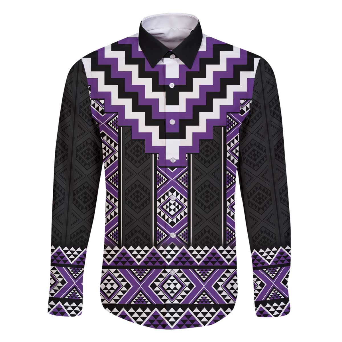 Purple Taniko Pattern Aotearoa Family Matching Off The Shoulder Long Sleeve Dress and Hawaiian Shirt Niho Taniwha Mix Poutama LT14 Dad's Shirt - Long Sleeve Purple - Polynesian Pride