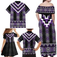 Purple Taniko Pattern Aotearoa Family Matching Off Shoulder Maxi Dress and Hawaiian Shirt Niho Taniwha Mix Poutama LT14 - Polynesian Pride