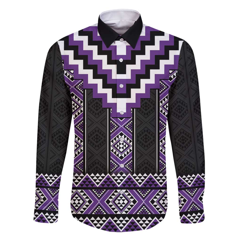 Purple Taniko Pattern Aotearoa Family Matching Off Shoulder Maxi Dress and Hawaiian Shirt Niho Taniwha Mix Poutama LT14 Dad's Shirt - Long Sleeve Purple - Polynesian Pride