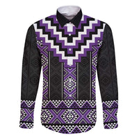 Purple Taniko Pattern Aotearoa Family Matching Off Shoulder Maxi Dress and Hawaiian Shirt Niho Taniwha Mix Poutama LT14 Dad's Shirt - Long Sleeve Purple - Polynesian Pride