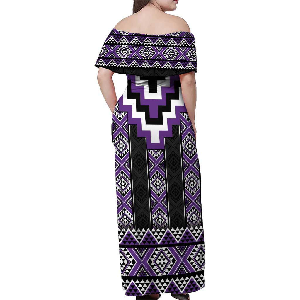 Purple Taniko Pattern Aotearoa Family Matching Off Shoulder Maxi Dress and Hawaiian Shirt Niho Taniwha Mix Poutama LT14 - Polynesian Pride