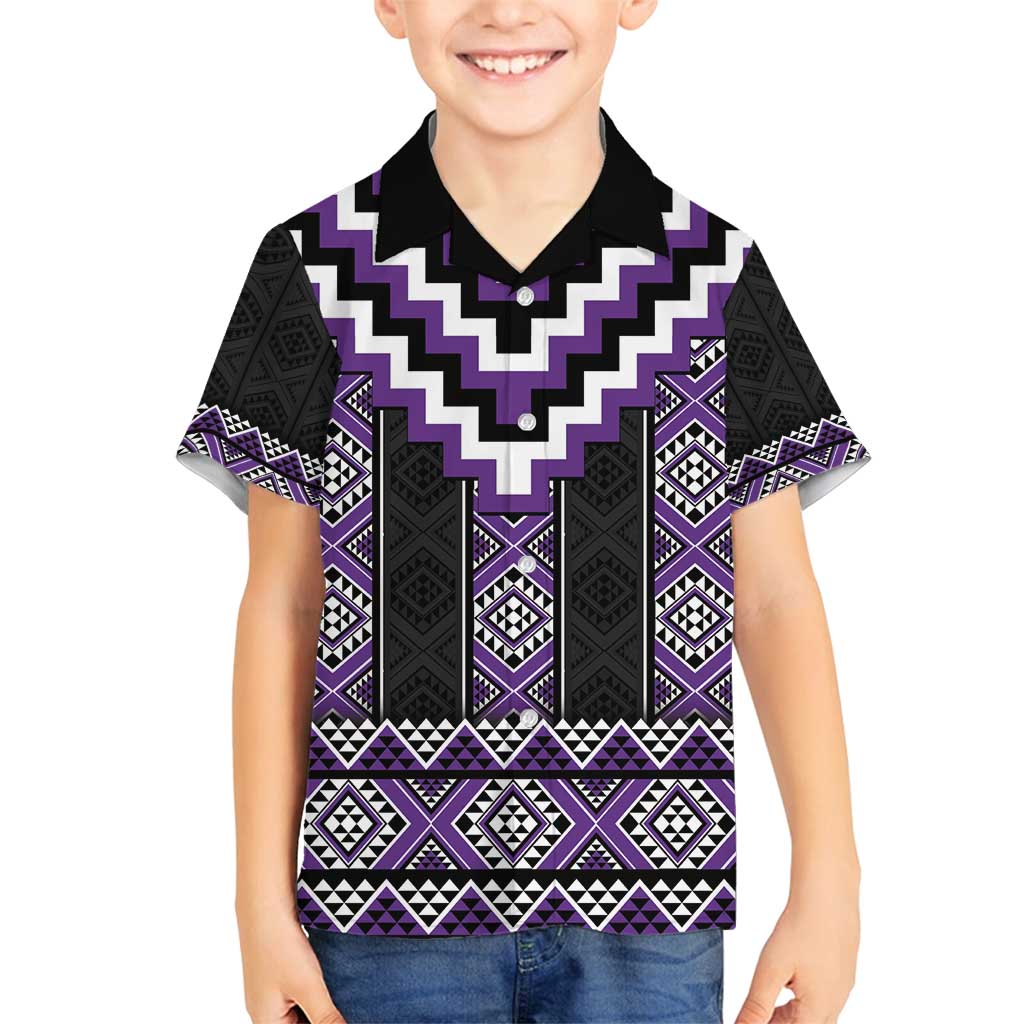 Purple Taniko Pattern Aotearoa Family Matching Off Shoulder Maxi Dress and Hawaiian Shirt Niho Taniwha Mix Poutama LT14 Son's Shirt Purple - Polynesian Pride