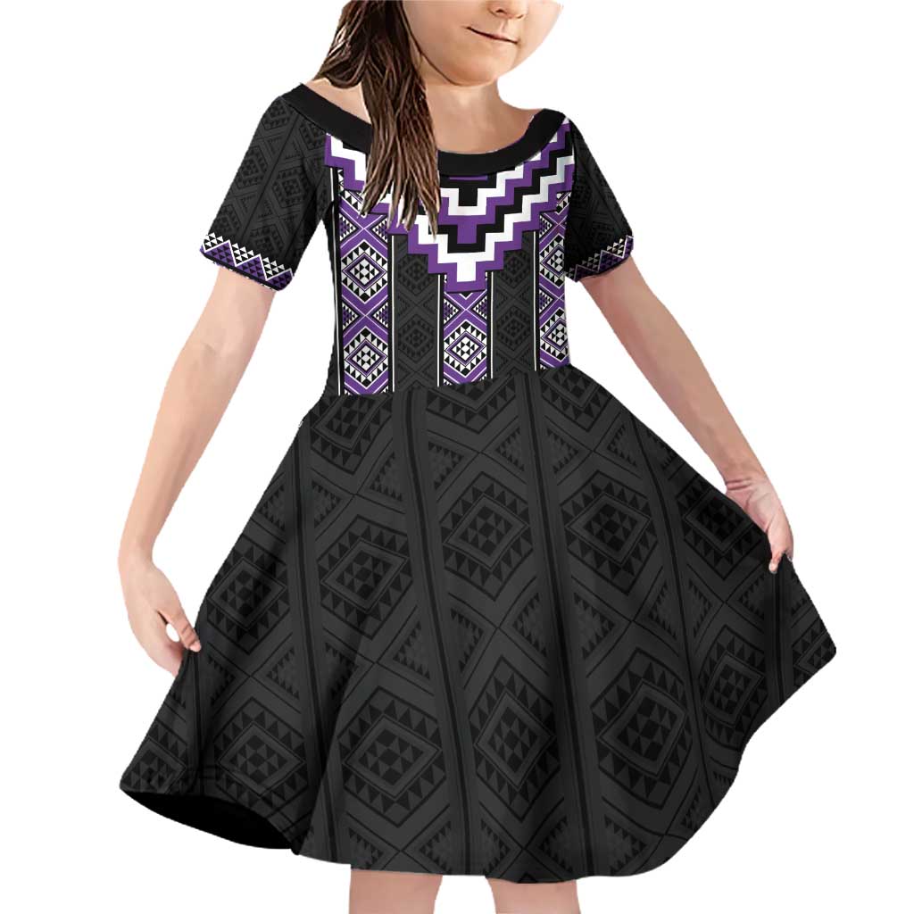 Purple Taniko Pattern Aotearoa Family Matching Off Shoulder Short Dress and Hawaiian Shirt Niho Taniwha Mix Poutama LT14 Daughter's Dress Purple - Polynesian Pride